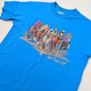 Vintage 90s Hanes Horse Race Puff Print Glitter T-Shirt Blue Large Single Stitch